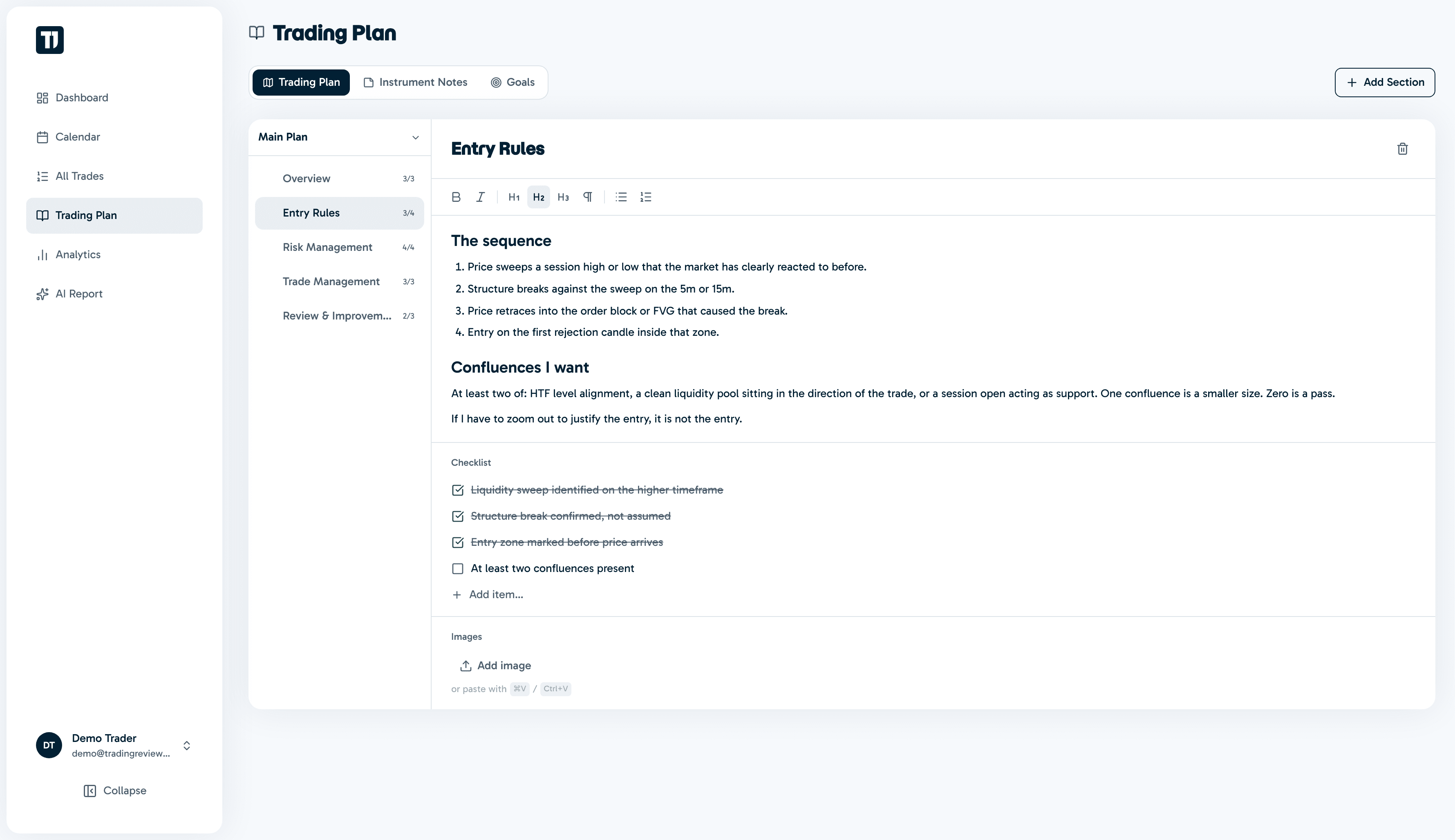 Trading plan with rules and setup criteria
