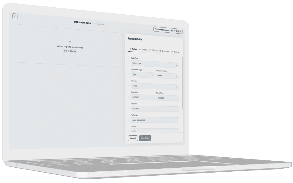 Add trade form with setup details next to a screenshot upload area